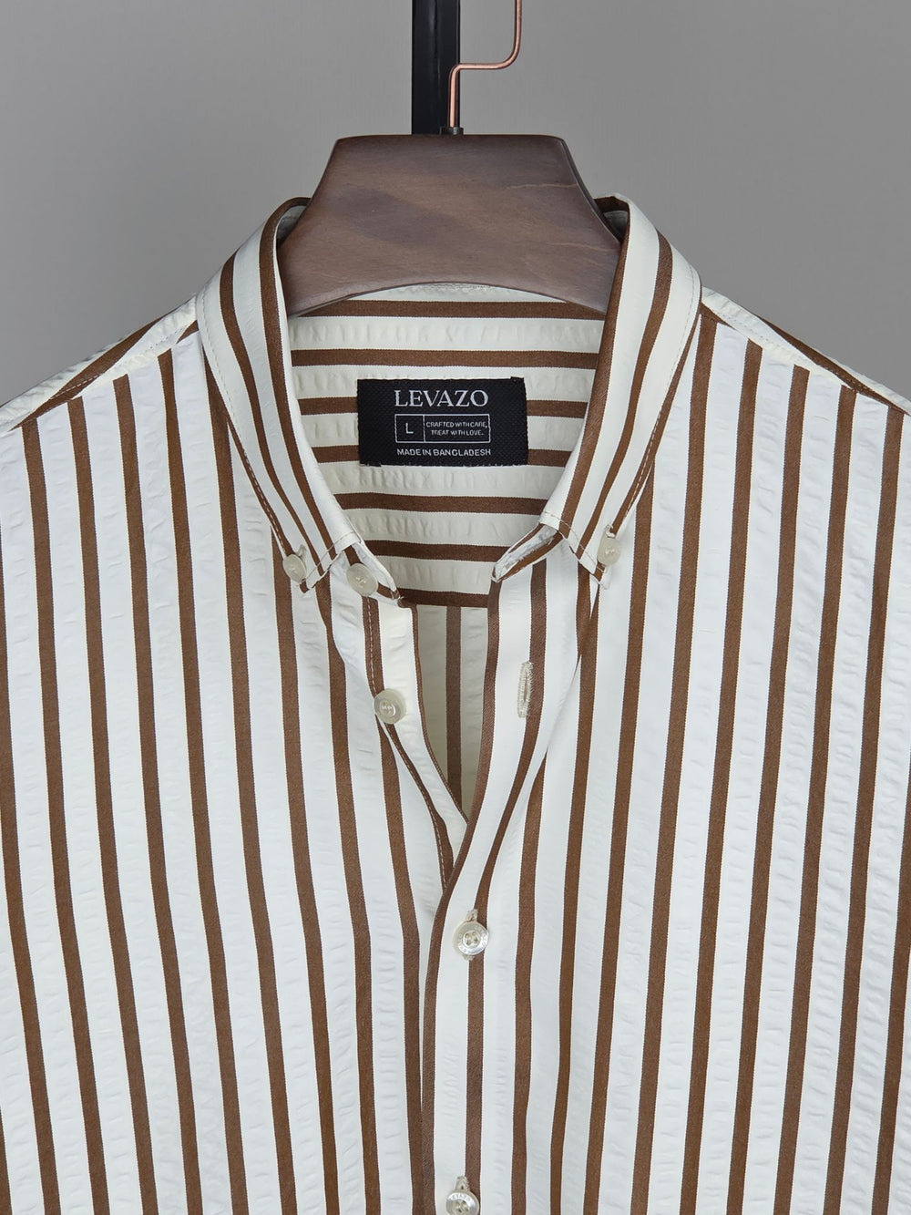 Ivory Textured Full Sleeve Shirt with Camel Brown Stripes