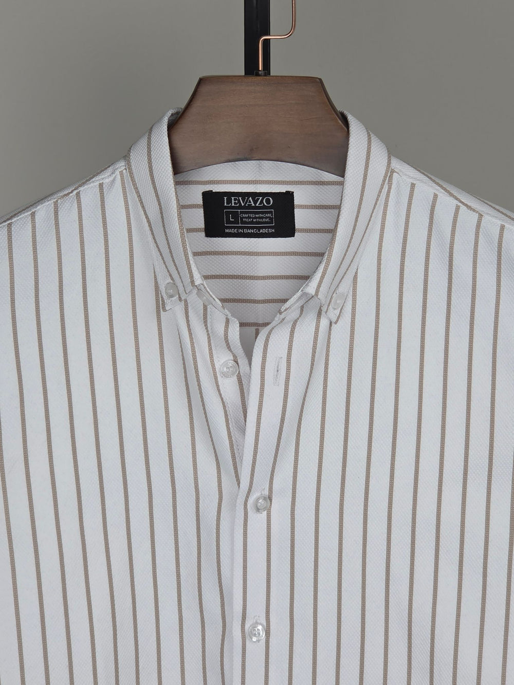 White Textured Full Sleeve Shirt with Beige Stripes